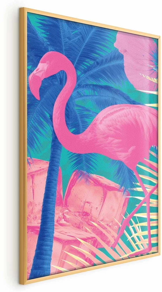 Paveikslas - Rožinis flamingas - abstraktus flamingas palmių ir ledo kubelių fone