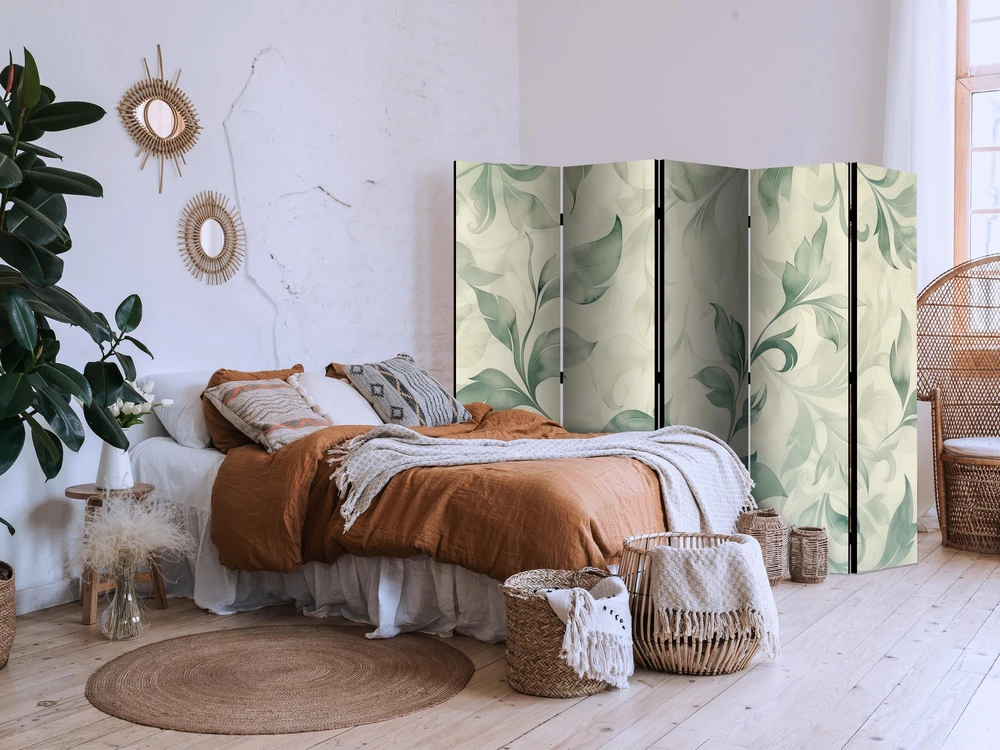 Pertvara - Akvarelinis botaninis motyvas - subtilūs žalsvai smėliniai lapai - 5 dalių