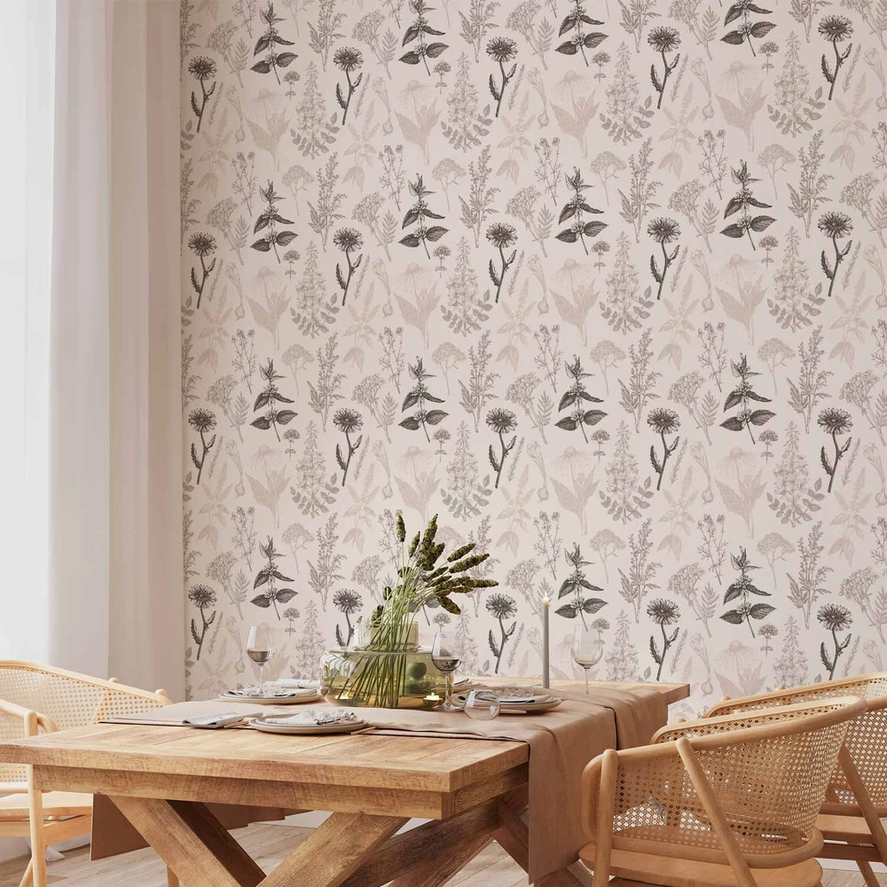 Tapetai - Gėlės ir žolelės šiltuose pilkuose tonuose
