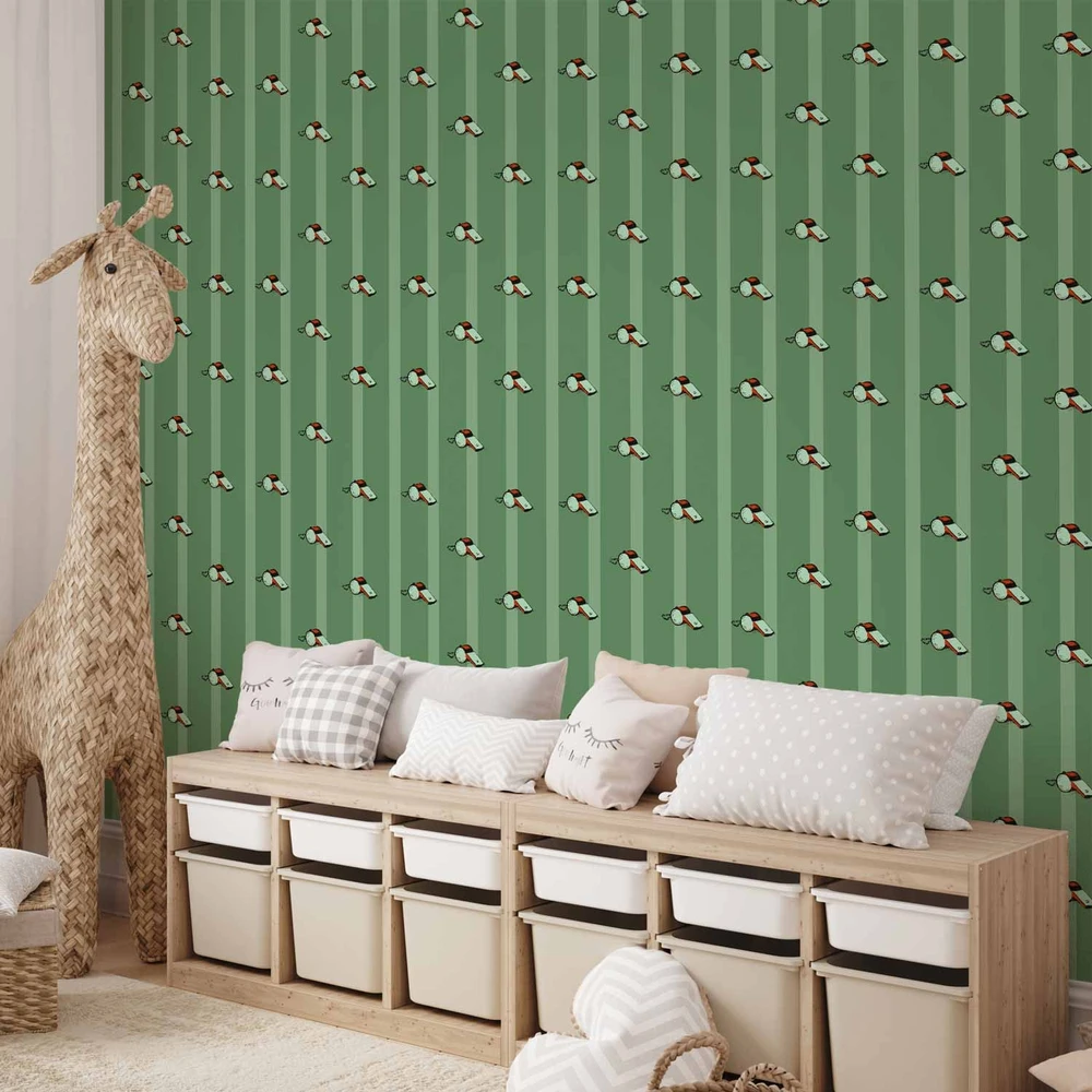 Tapetai - Sporto švilpukų raštas žaliame fone