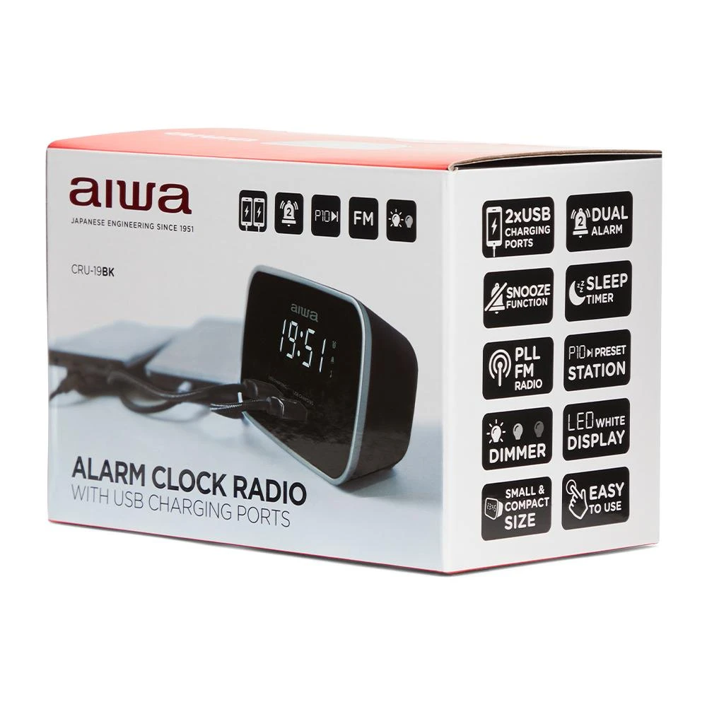 Aiwa Laikrodis su FM radiju, žadintuvu ir 2 USB įkrovimo lizdais, juodas