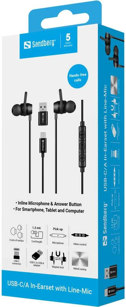 Ausinės „Sandberg“ USB-C/A įdėta ausinė su „Line-Mic“.