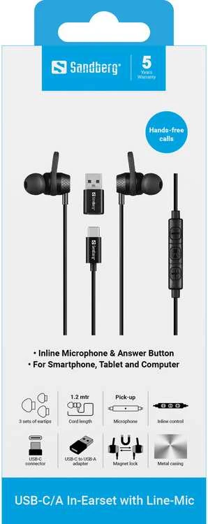 Ausinės „Sandberg“ USB-C/A įdėta ausinė su „Line-Mic“.