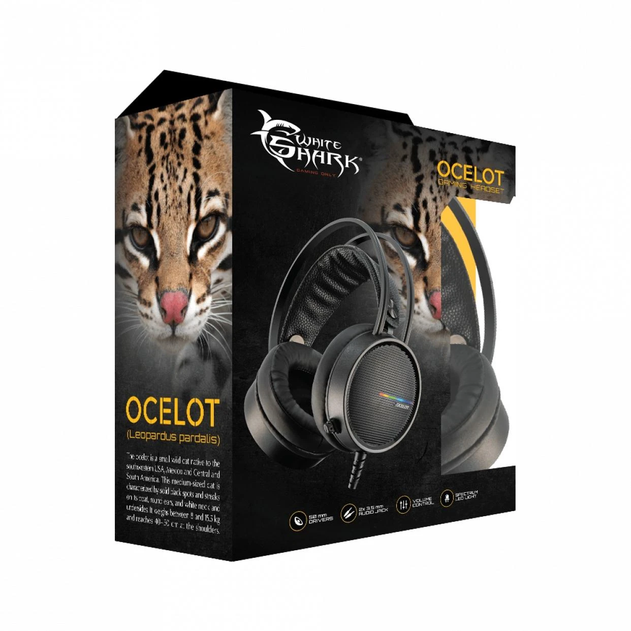 Žaidimų ausinės White Shark Ocelot, 2 x 3,5mm(audio) + USB 2.0 (LED)