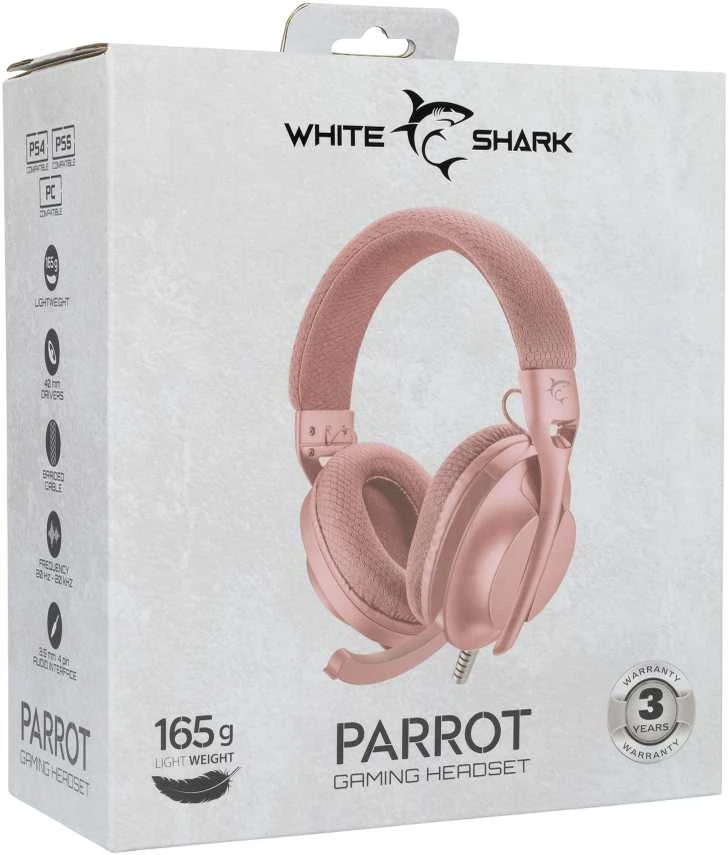 White Shark Baltas Shark Baltas Shark žaidimų ausinės PARROT, skirta PC, PS4/PS5, Mac, rožinės spalvos