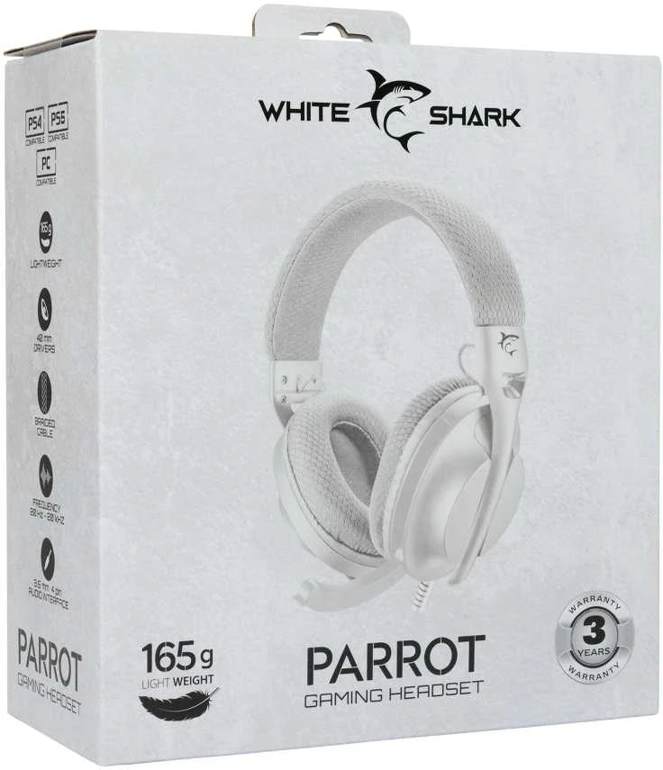 White Shark Baltas Shark Baltas Shark Ausinės Žaidimams PARROT, skirta PC, PS4/PS5, Mac, Baltas
