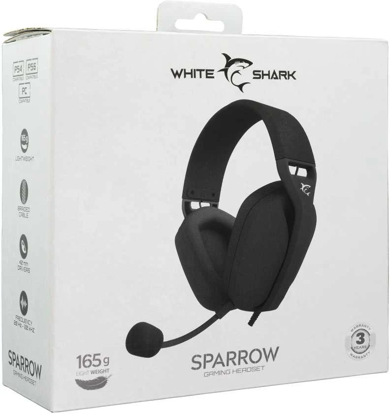 White Shark Baltas Shark Baltas Shark žaidimų ausinės SPARROW, pro PC, PS4/PS5, Mac, juodos spalvos (GH-2443)