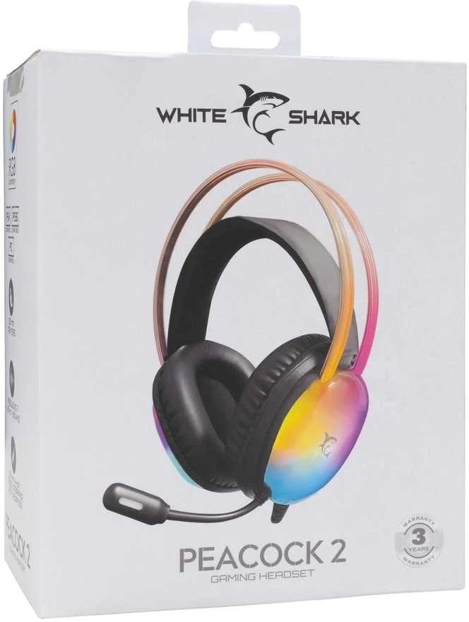 White Shark Baltas Shark Baltas Shark žaidimų ausinės PEACOCK 2, pro PC, PS4/PS5, Mac, juodos spalvos