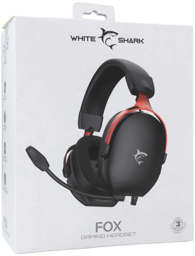 White Shark Baltas Shark Baltas Shark žaidimų ausinės FOX, skirta PC, PS4/PS5, Mac, juodos spalvos (GH-2445)