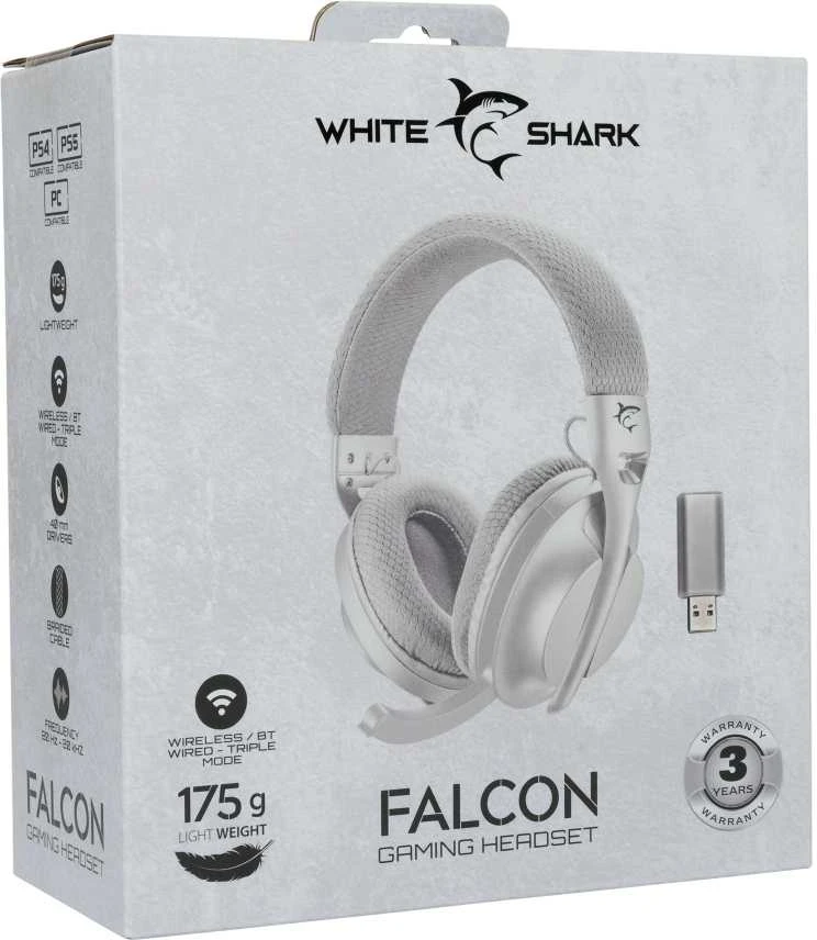 White Shark Baltas Shark Baltas Shark žaidimų belaidės ausinės FALCON, skirta PC, PS4/PS5, MAC, Baltas