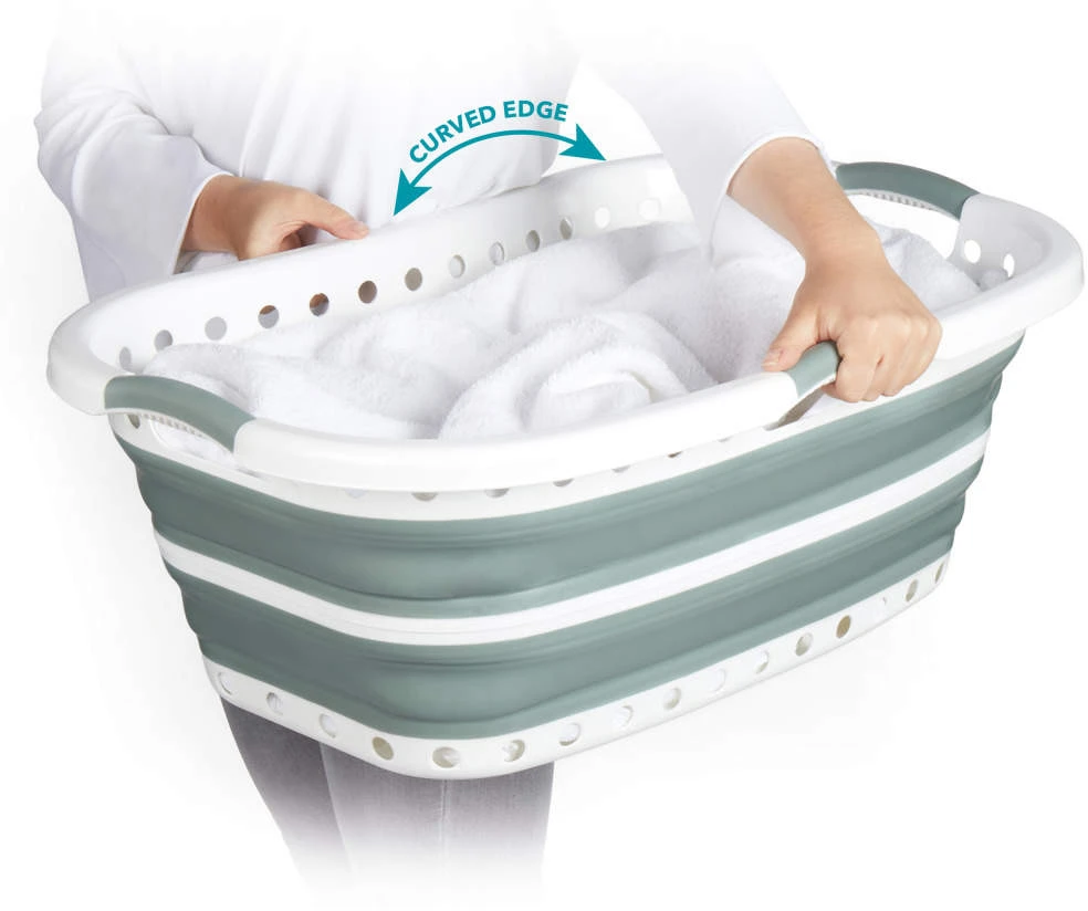 Beldray LA072979GRNFEU7 Collapsible Hip Hugger Laundry Basket 37 L, Baltas/Pilkas