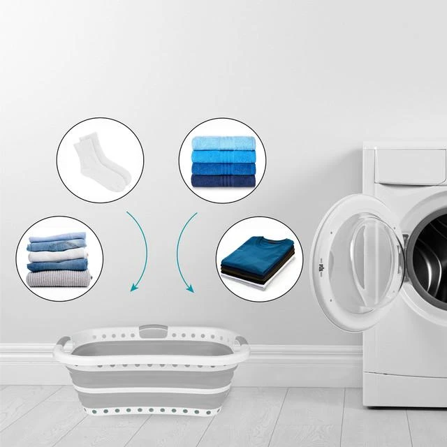 Beldray LA072979PGRYFEU7 Collapsible Hip Hugger Laundry Basket 37L, Baltas/Pilkas