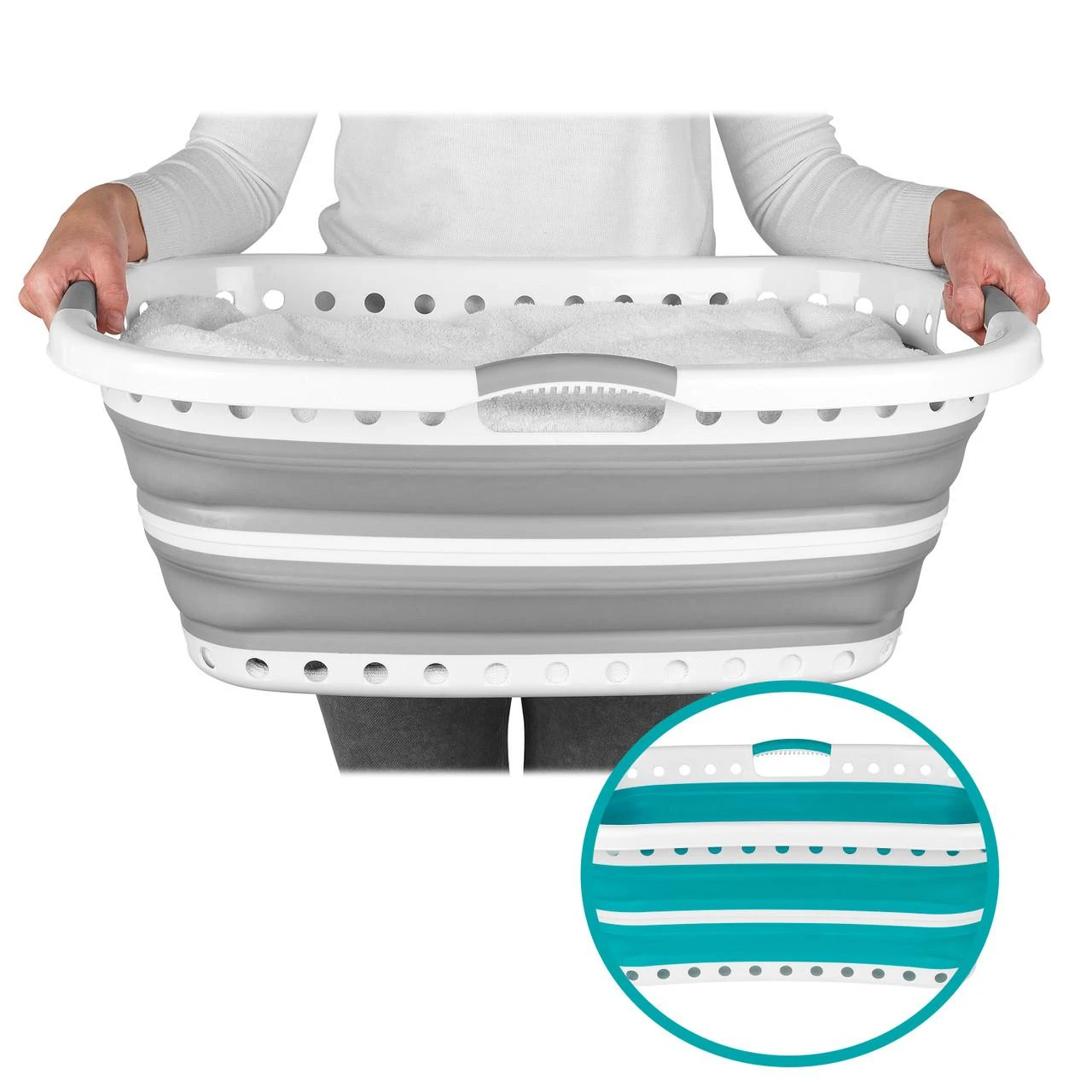 Beldray LA072979PGRYFEU7 Collapsible Hip Hugger Laundry Basket 37L, Baltas/Pilkas