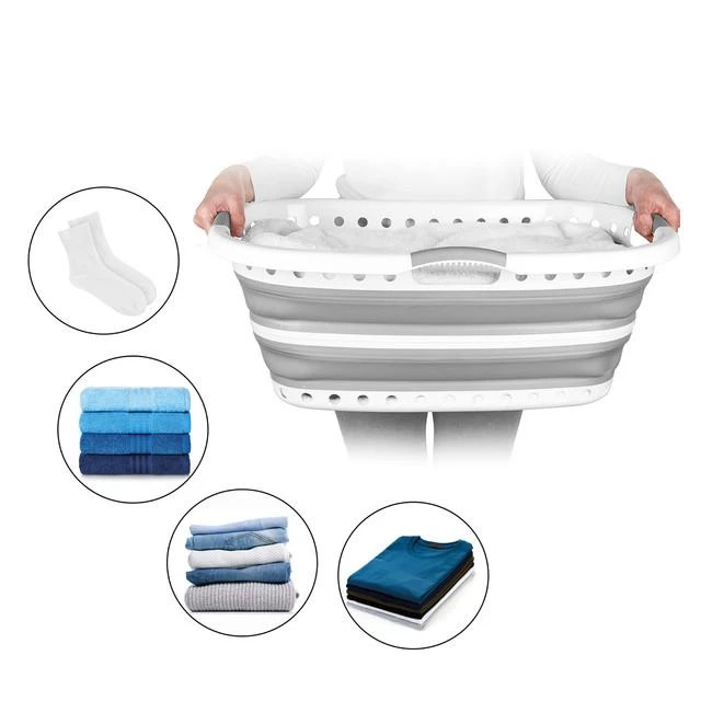 Beldray LA072979PGRYFEU7 Collapsible Hip Hugger Laundry Basket 37L, Baltas/Pilkas