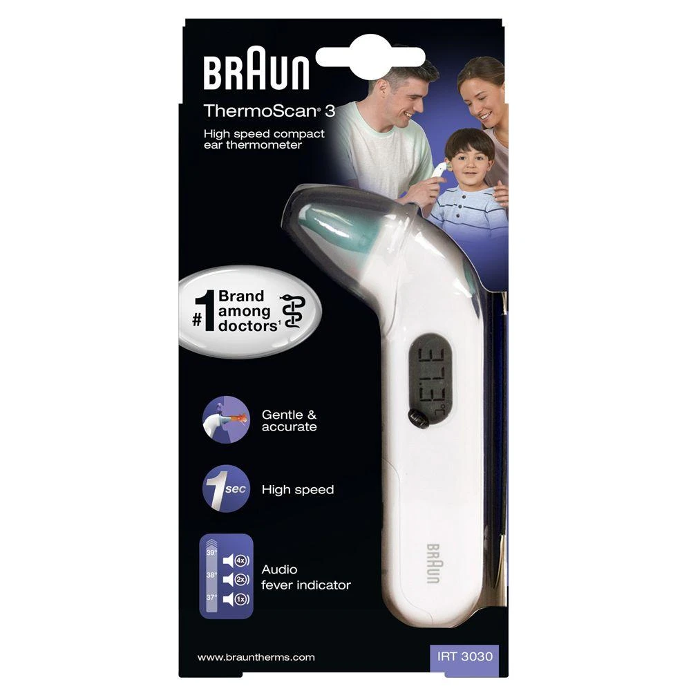 Braun Thermoscan 3 infraraudonųjų spindulių ausies termometras IRT3030 Atminties funkcija, Matavimo laikas 1 s, Baltas