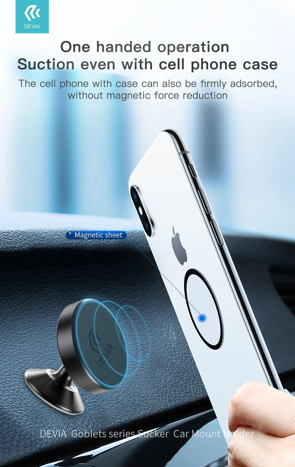 Automobilinis telefono laikiklis Devia Sucker magnetinis, juodas