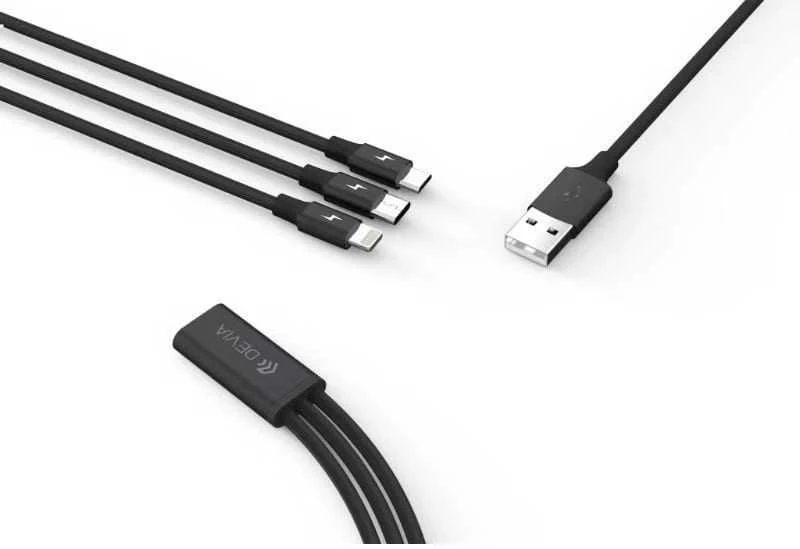 Devia 3-in-1 įkrovimo laidas USB į Lightning, MicroUSB ir Type-C, 1,2 m, juodas