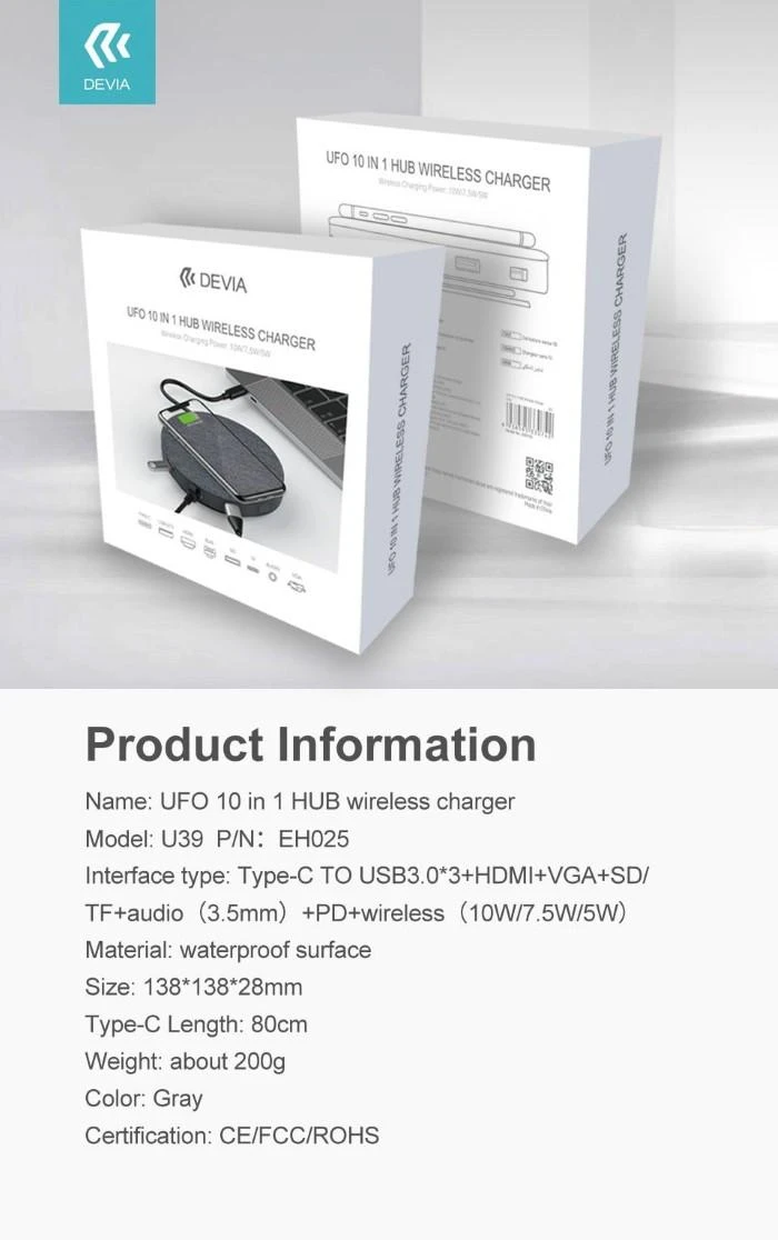Devia UFO 10in1 USB-C šakotuvas su belaidžiu įkrovimu, pilkas