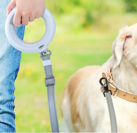 Doggy Village LUMINOUS Pavadėlis - Tvirtas 3 viename pavadėlis su LED žibintuvėliu, spalvotu rankenos apšvietimu ir higieninio maišelio dozatoriumi vidutiniams ir dideliems šunims, rožinė