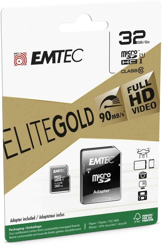 Atminties kortelė Karta Emtec Elite Gold Micro SDHC 32 GB 10 klasės UHS-I/U1 (ECMSDM32GHC10GP)
