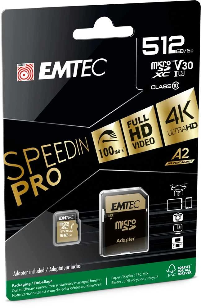 Atminties kortelė Karta Emtec Speedin Pro Micro SDXC 512 GB 10 klasės UHS-I/U3 A2 V30 (ECMSDM512GXC10SP)