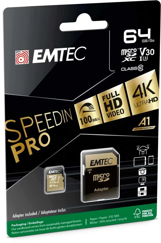 Karta Emtec Speedin Pro Micro SDXC 64 GB 10 klasės UHS-I/U3 A1 V30 (ECMSDM64GXC10SP)