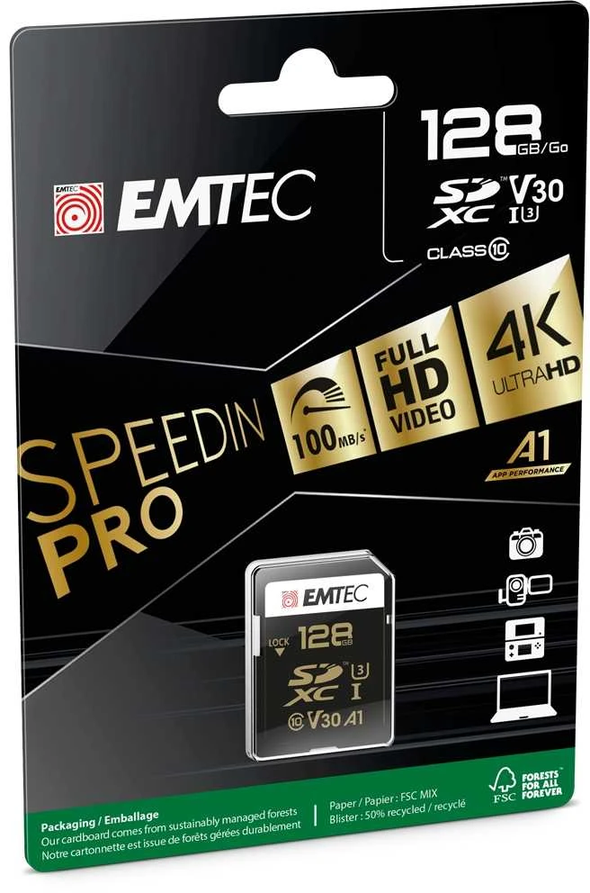 Atminties kortelė Karta Emtec Speedin Pro SDXC 128 GB 10 klasės UHS-I/U3 V30 (ECMSD128GXC10SP)