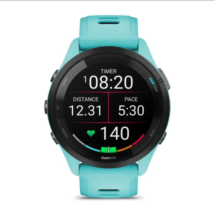 Išmanusis laikrodis Garmin Forerunner 265. Juodas apvadas su žalsvai mėlynos spalvos korpusu ir žalsvai mėlynos ir juodos spalvos silikoniniu dirželiu