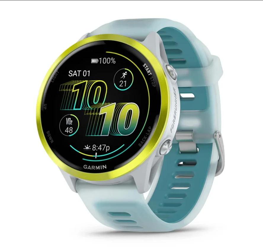 Išmanusis laikrodis Garmin Forerunner® 570 - 47mm, Ryškiai geltonos spalvos aliuminis su permatomu baltojo akmens / turkio spalvos dirželiu