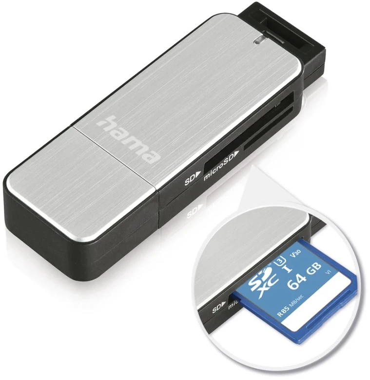 HAMA USB 3.0 Card Reader SD/Micro SD aliuminio sidabrinis