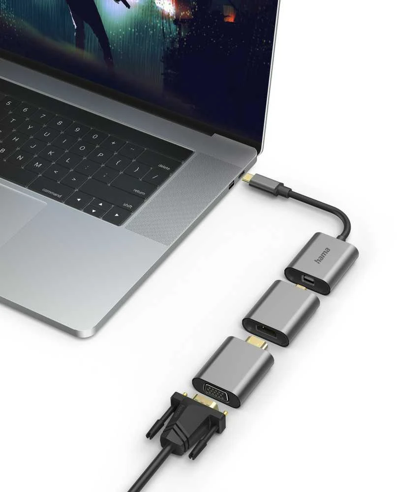 Pritaikykite. Hama USB-C kištukas -> Mini-DP -> HDMI -> VGA