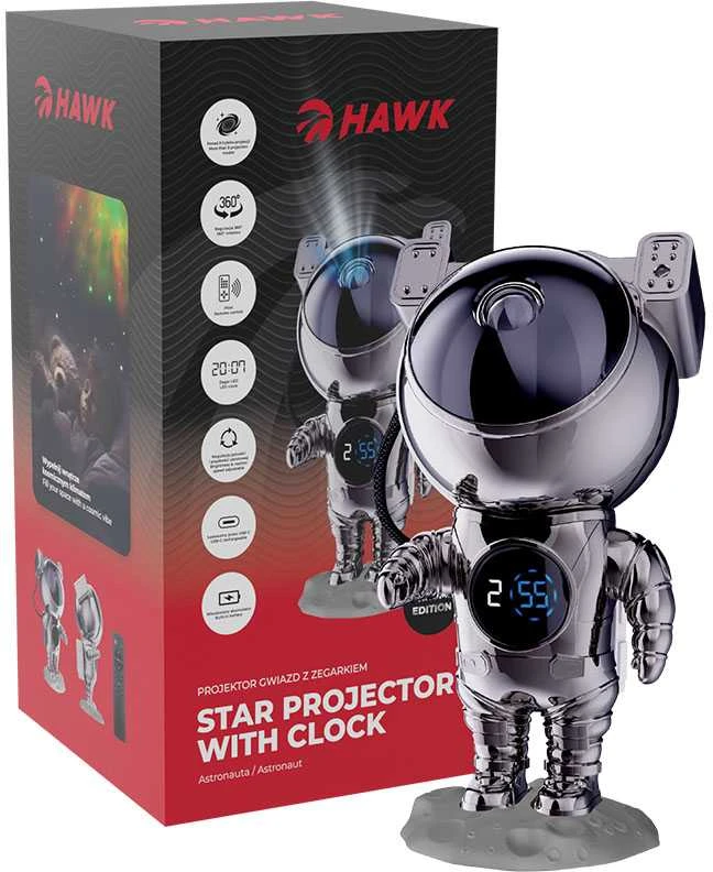 „Hawk HW-STAR02 Astronauto žvaigždės projektorius su laikrodžiu, „Ghrome Edition“