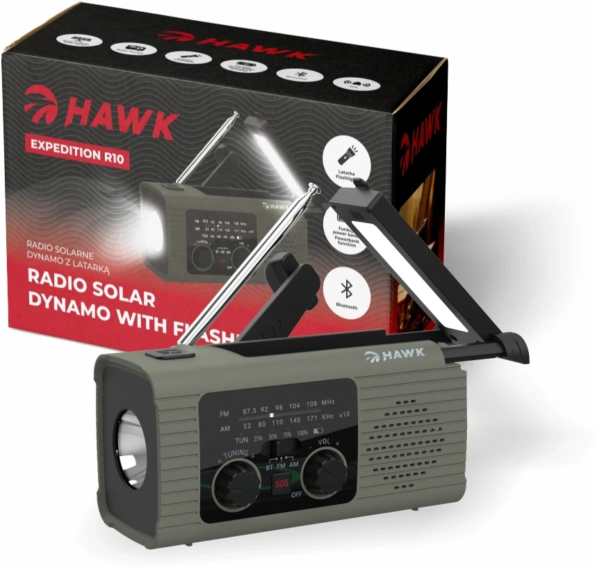 „Hawk HWRDI410GN“ radijo bangomis veikiantis saulės energijos dinamomas su žibintuvėliu