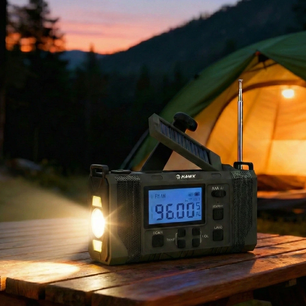 „Hawk HWRDI420GN“ radijo bangomis veikiantis saulės energijos dinamomas su žibintuvėliu