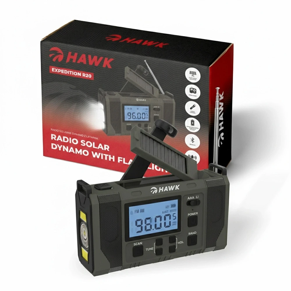 „Hawk HWRDI420GN“ radijo bangomis veikiantis saulės energijos dinamomas su žibintuvėliu