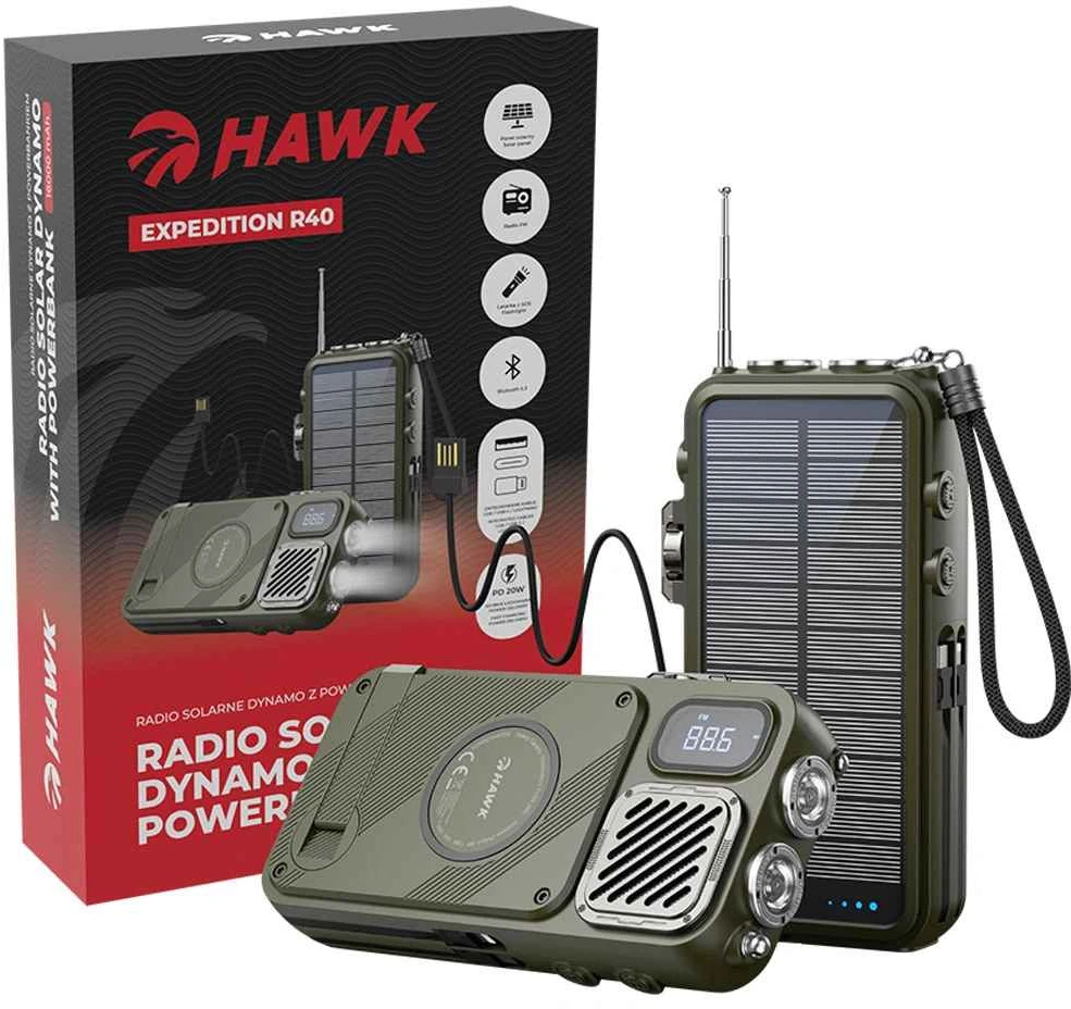 Hawk HWRDI440GN Radio Solar Dynamo With Powerbank, Juodas