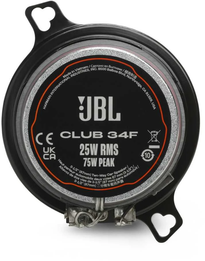 JBL CLUB 34F garsiakalbis – galinė pusė su techninėmis specifikacijomis