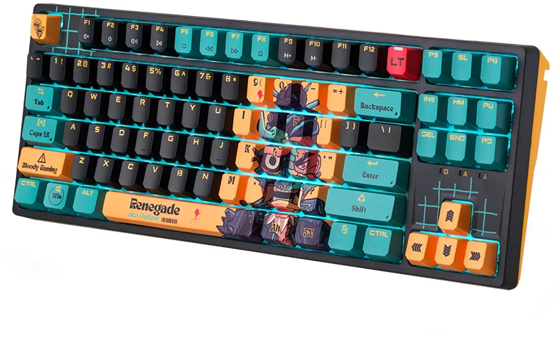 Klaviatūra žaidimams A4Tech Bloody AT87 RENEGADE Alpha Optical Switch, laidinė, opto-mechaninė, su foniniu apšvietimu, daugiaspalvė