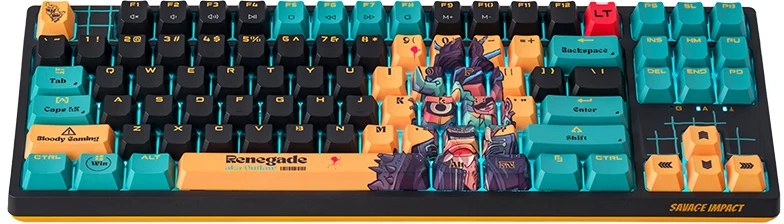 Klaviatūra žaidimams A4Tech Bloody AT87 RENEGADE Alpha Optical Switch, laidinė, opto-mechaninė, su foniniu apšvietimu, daugiaspalvė