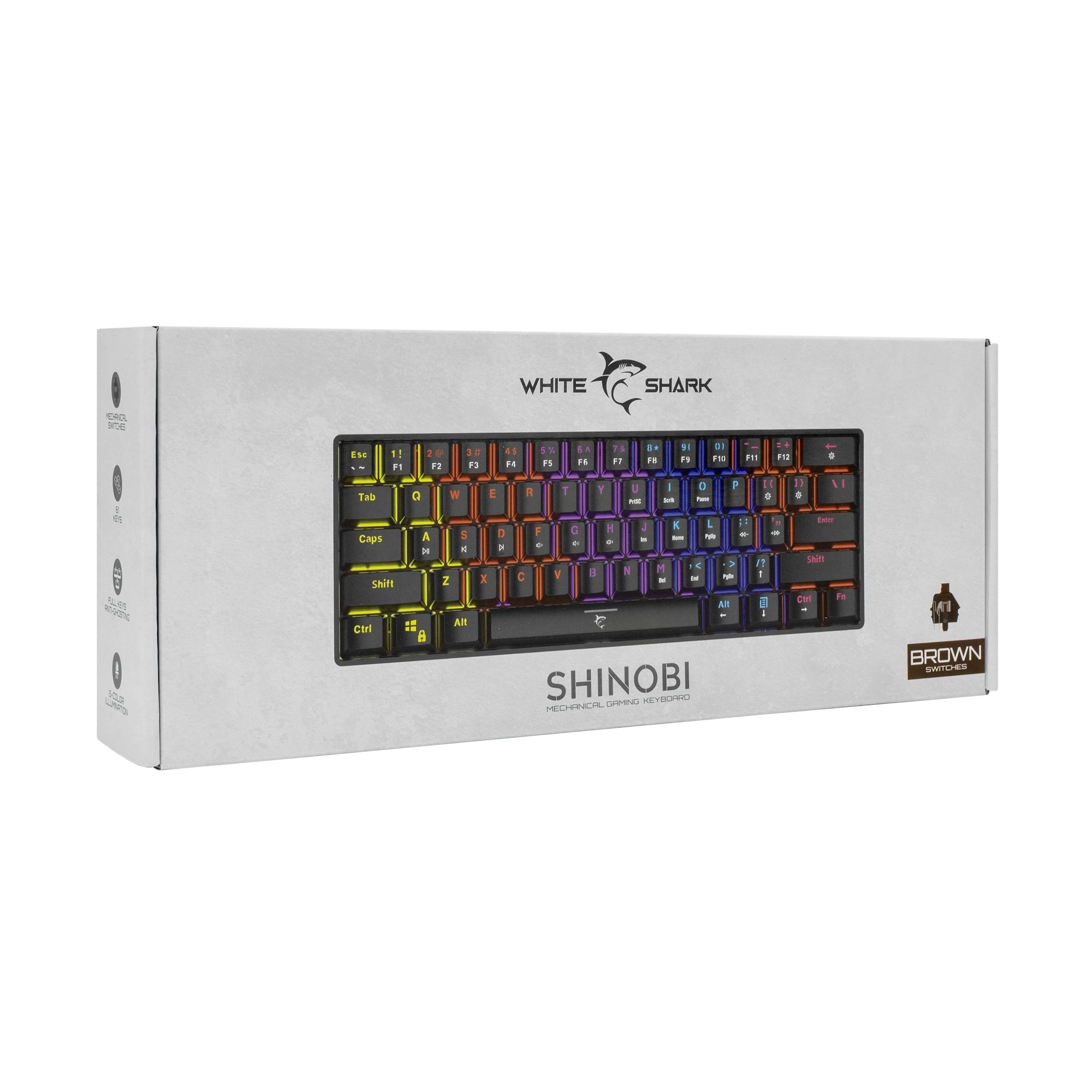 White Shark Klaviatūra žaidimams Juodas Shark Shinobi Outemu Brown su laidu mechaninė su pašvietimu juoda