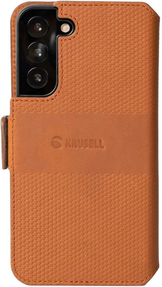 Dėklas Krusell odinė telefono piniginė Samsung Galaxy S22+ konjako spalvos (62468)