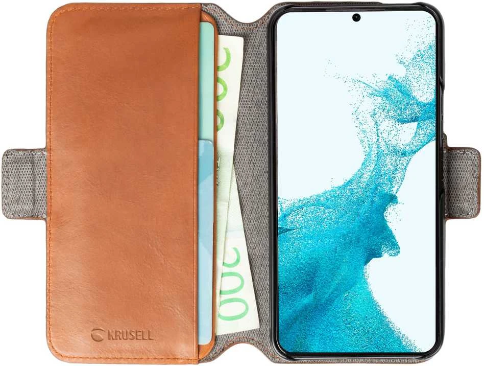Dėklas Krusell odinė telefono piniginė Samsung Galaxy S22+ konjako spalvos (62468)