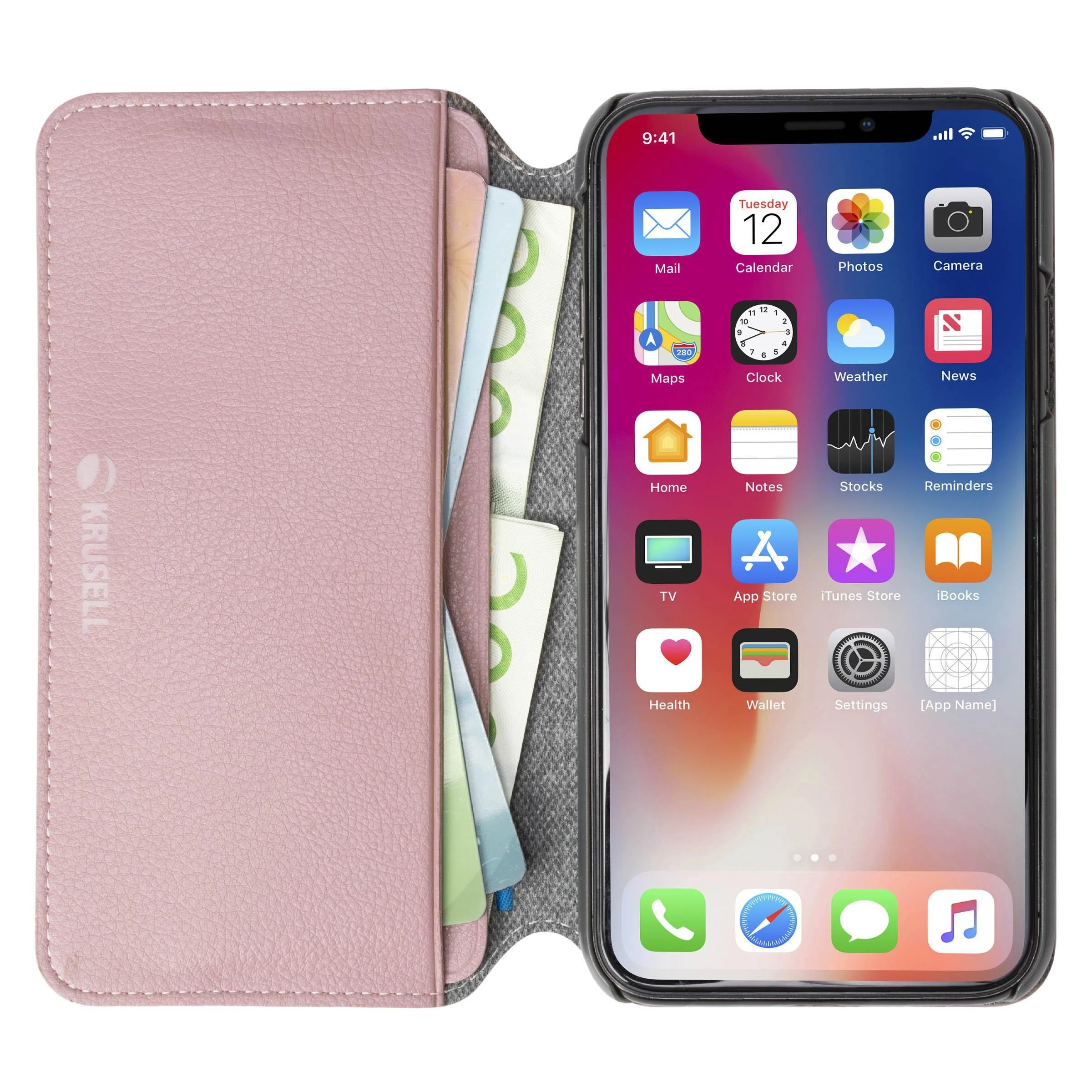 Krusell Rožinis folio dėklas iPhone Xs Max telefonui su 4 kortelių vietomis