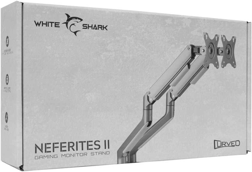 White Shark Baltas Shark Baltas Shark NEFERITS II, stalinis laikiklis 2 monitoriams, Sidabrinis (GMS-3208)