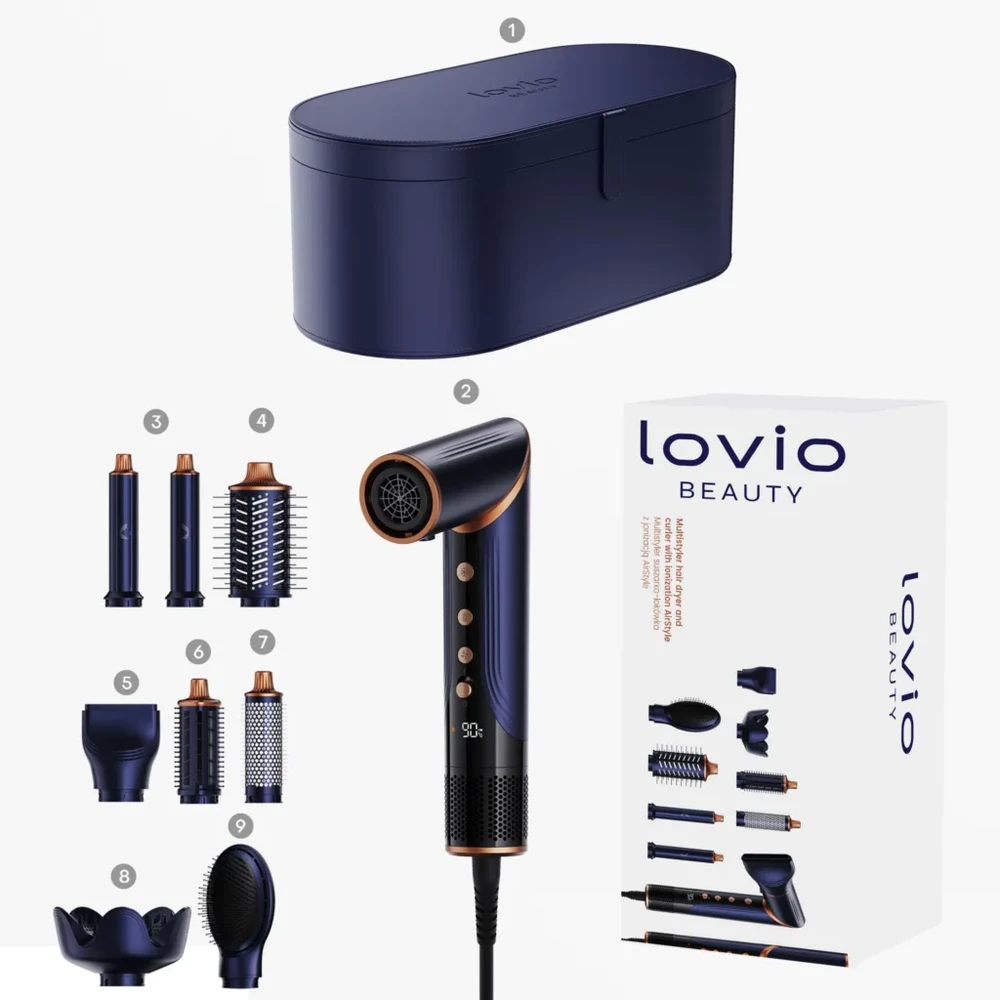 LOVIO_Multistyler AirStyle plaukų džiovintuvas-suktukas LVHS001BL 1400W Tamsiai mėlyna-vario spalvos