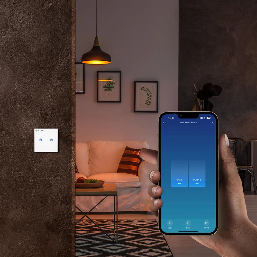 „Tellur“ išmanusis WiFi jungiklis, SS2N, 2 prievadai, 1800 W, Baltas