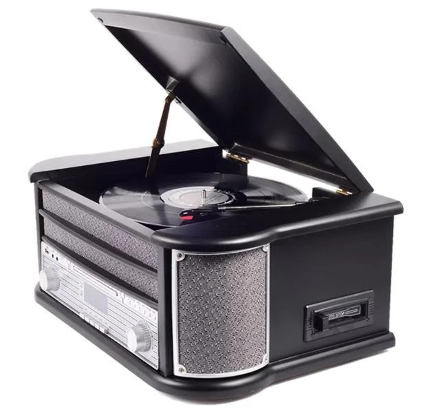 Muzikinis centras Medinis retro muzikos centras Denver MRD-51 su juodu patefonu