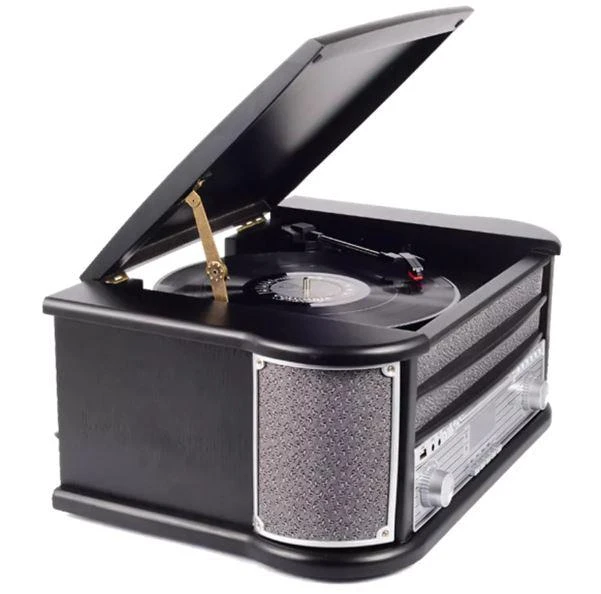 Muzikinis centras Medinis retro muzikos centras Denver MRD-51 su juodu patefonu
