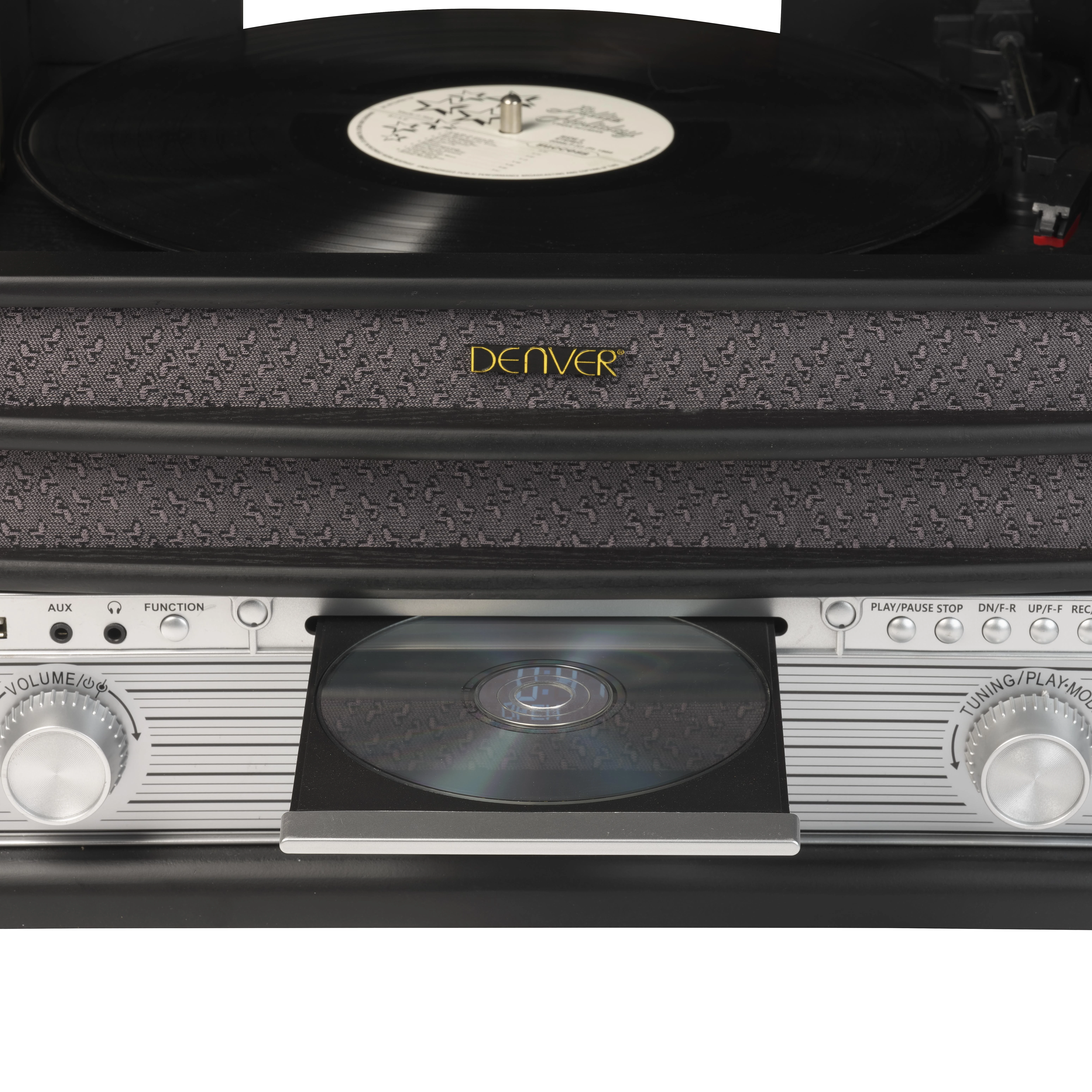 Muzikinis centras Medinis retro muzikos centras Denver MRD-51 su juodu patefonu