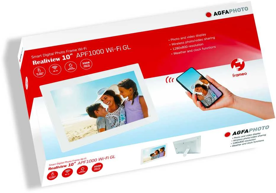 Nuotraukų rėmelis „AgfaPhoto“ skaitmeninis rėmelis, 10 colių LCD HD stiklinis „WiFi“ judesio jutiklis, 32 GB atminties / APF1000 „Wi-Fi GL“ / baltas